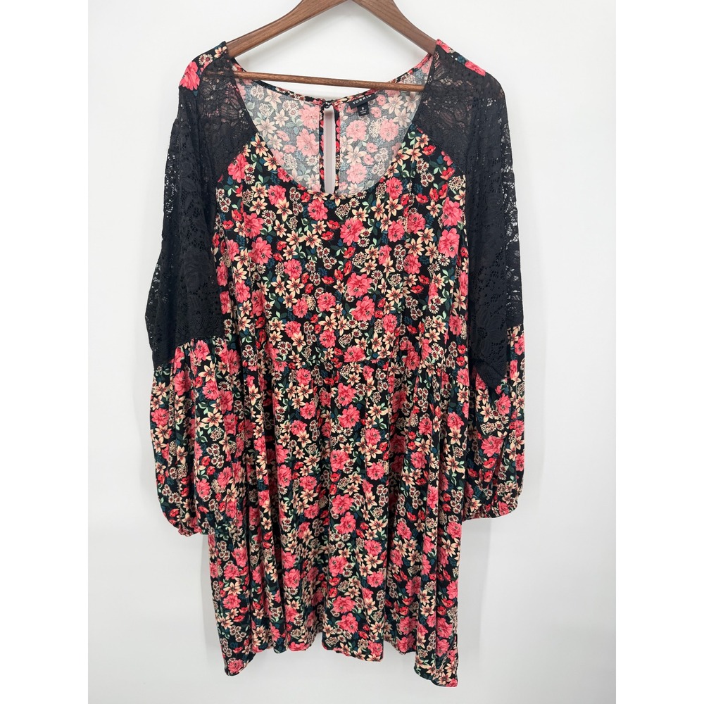 Torrid Babydoll Dress Women 6 Black Floral Excellent Lace Sleeve Boho 18291202